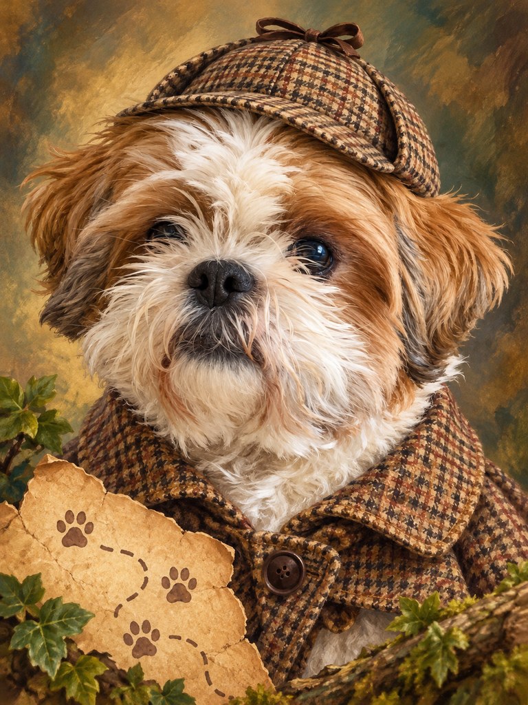Saber in the Treat Detective AI pet portrait style