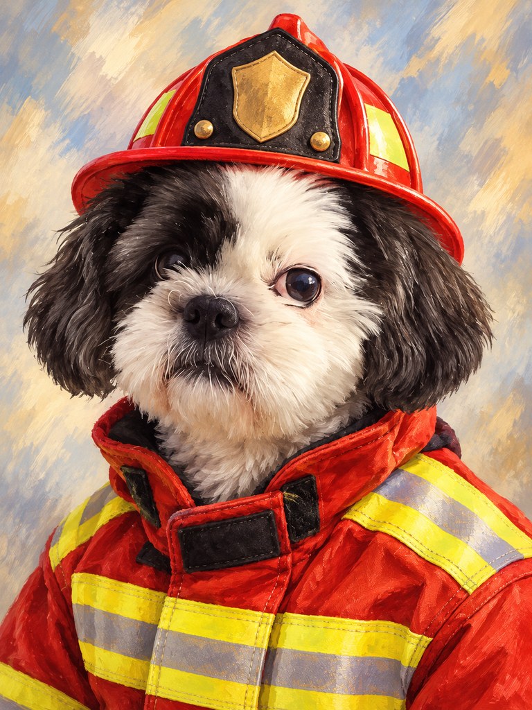 Buster in the Fire Chief AI pet portrait style