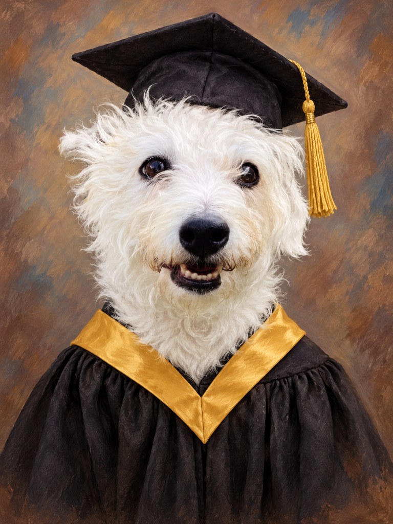 Minnie in the Goodest Graduate AI pet portrait style