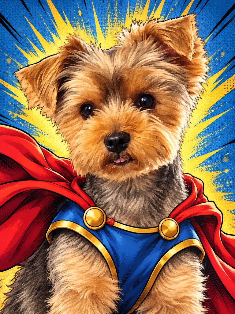 Milly in the Superhero AI pet portrait style