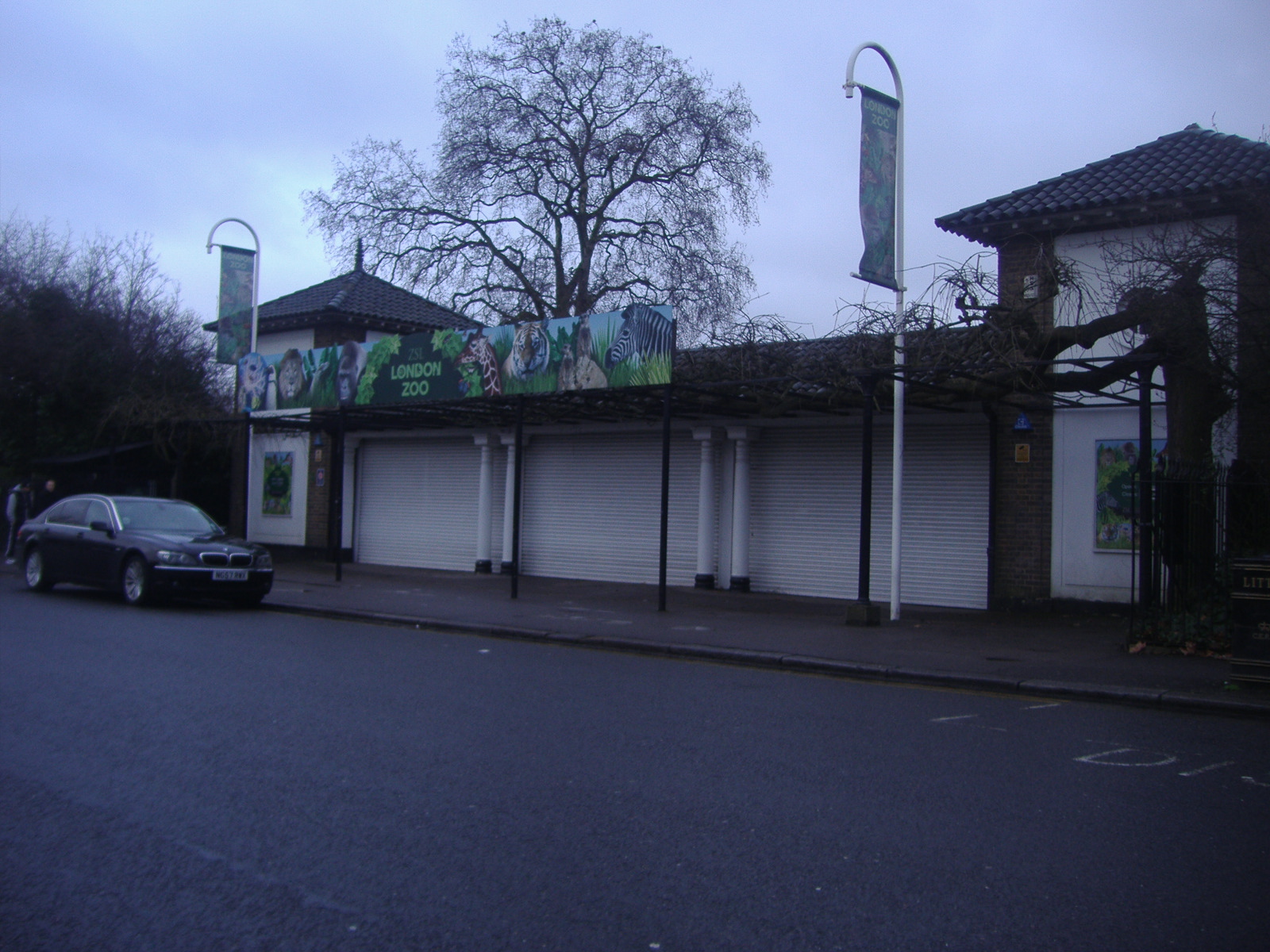 London Zoo entrance with its animal sign, photographed from across the road